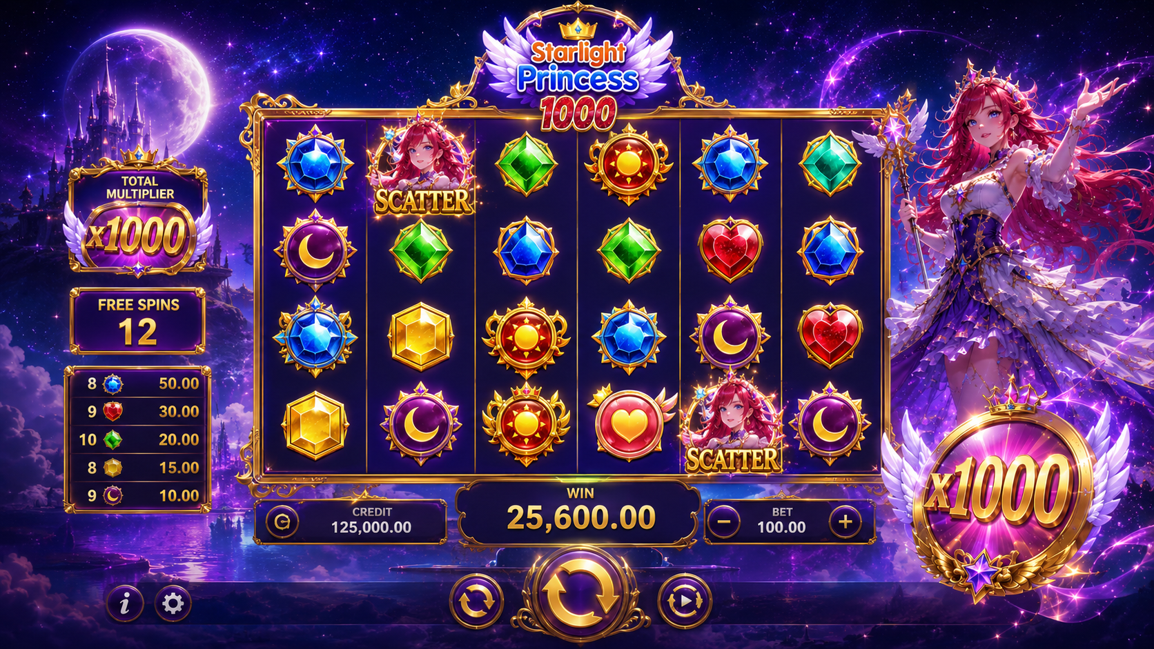 Starlight Princess 1000 demo oyun ekranı önizlemesi